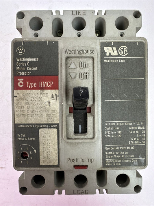 WESTINGHOUSE HMCP007C0C SER C 3P 7AMP 600VAC 250VDC 6630C88G05 MOTOR CIRCUIT