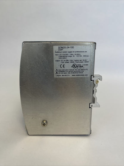 SOLA 20-24-100 OVP POWER SUPPLY OUTPUT 24-28VDC 20A INPUT 115/230VAC12/6A