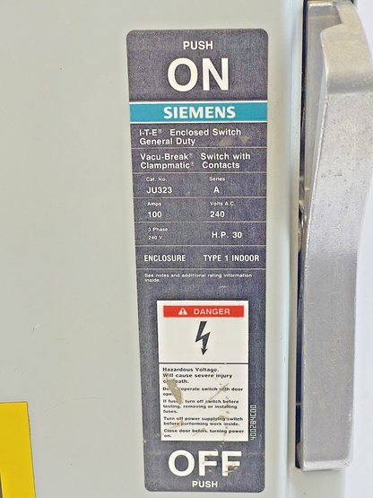 SIEMENS / ITE - JU323 SER. A - SAFETY SWITCH - 100 A, 240 VAC, 250 VDC, TYPE 1