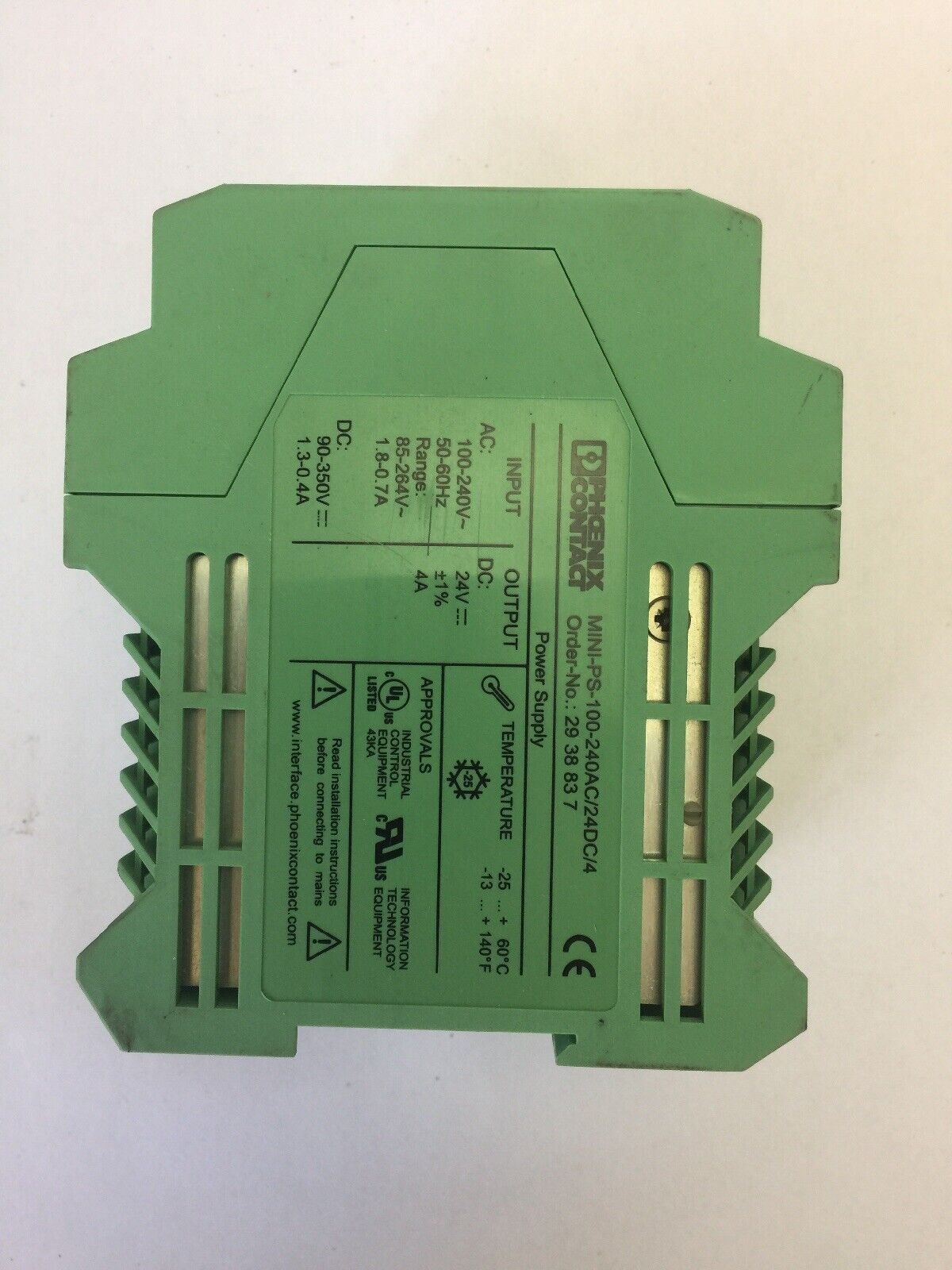 PHOENIX CONTACT MINI-PS-100-240AC/24DC/4 POWER SUPPLY INPUT 100-240VAC 90-350VDC