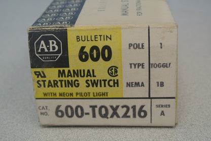 ALLEN-BRADLEY 600-TQX216 / MANUAL MOTOR STARTING SWITCH, TOGGLE / NEW SURPLUS