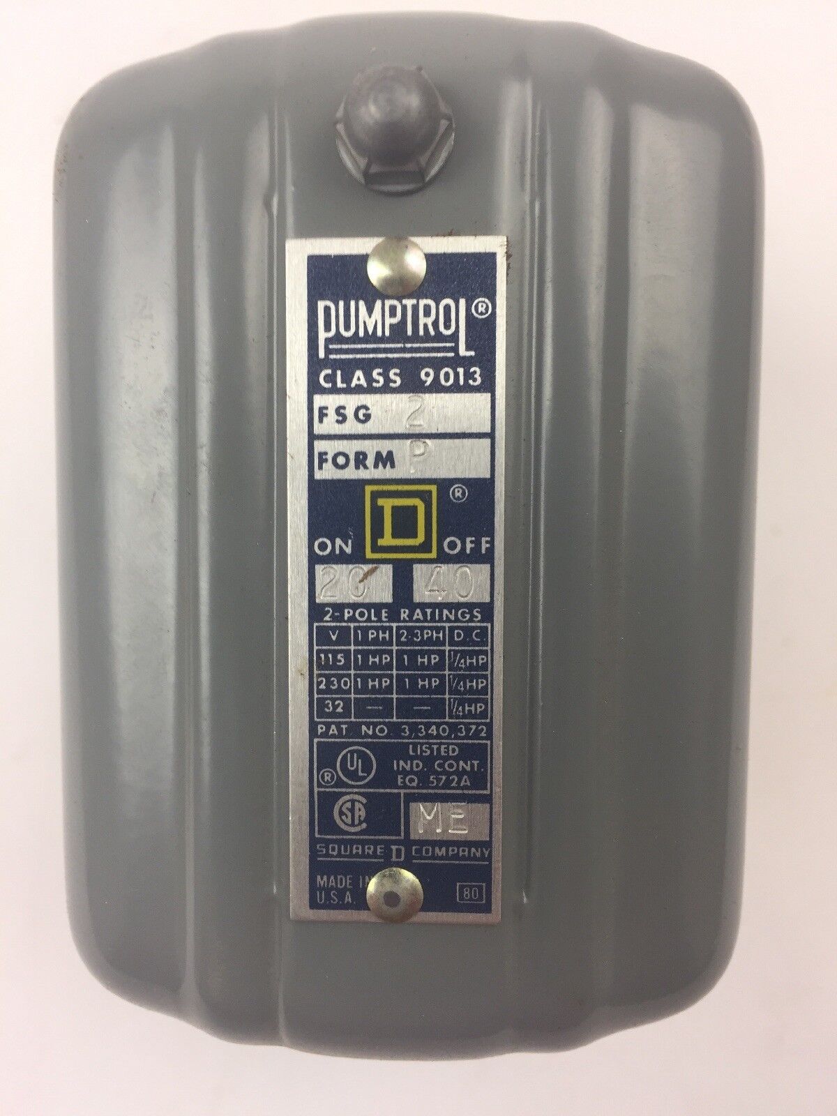 SQUARE D CLASS 9013 TYPE FSG2-S11 PRESSURE SWITCH CLOSE 20 OPEN 40