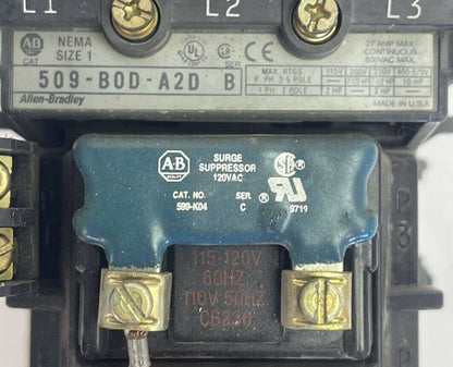 ALLEN BRADLEY 509-BOD-A2D SER B SIZE 1 STARTER 27A 600VAC 10HP 592-A2DA 1-2.9A