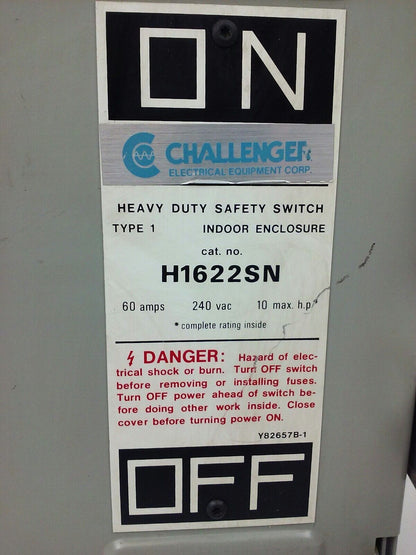 CHALLENGER H1622SN, H.D. SAFETY SWITCH, TYPE 1 INDOOR, 60A, 240V, FUSIBLE, NEW