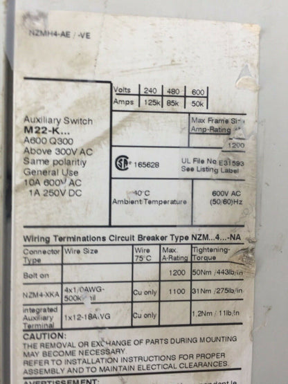 MOELLER NZMH4-AE CIRCUIT BREAKER 1200A 600VAC NZM4-XUHIV20 24VDC NZM H4-AE