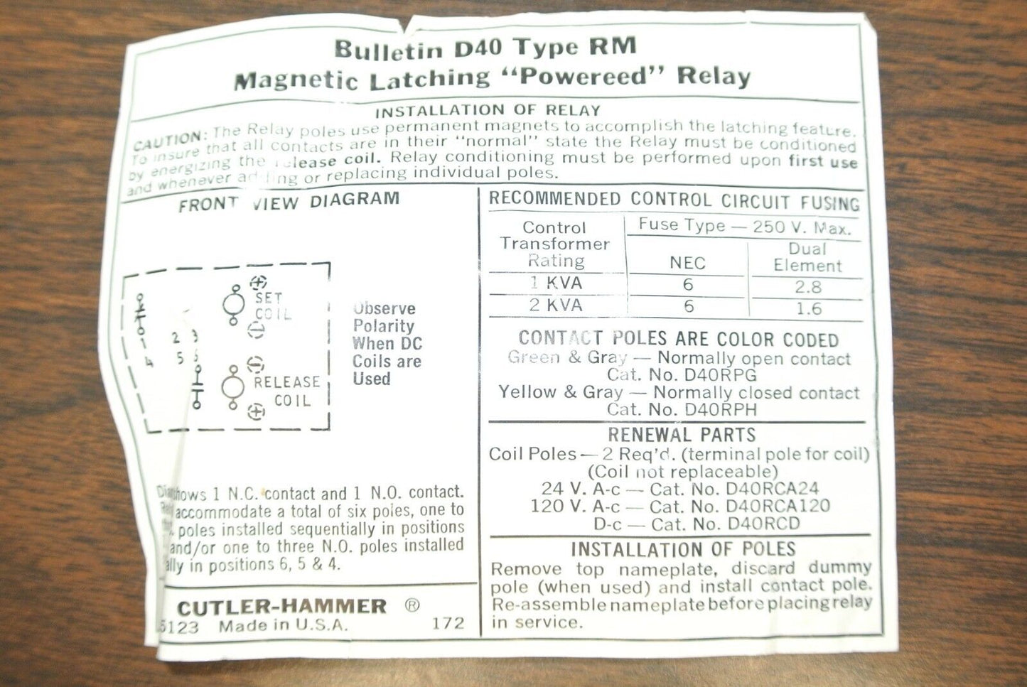 CUTLER-HAMMER D40RMA MAGNETIC LATCHING RELAY / TYPE RM REED RELAY / NEW SURPLUS