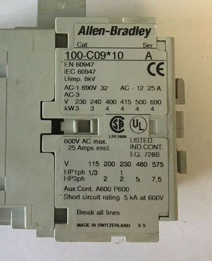 ALLEN BRADLEY 100-C09*10 CONTACTOR SER.A 25A 600VAC