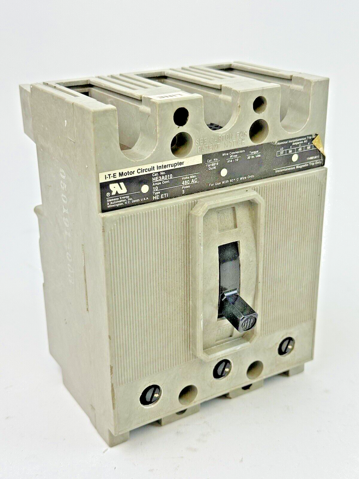 ITE - HE3A010 - MOTOR CIRCUIT INTERRUPTER - 10 A/3 POLE/480 VAC/TYPE HE ETI