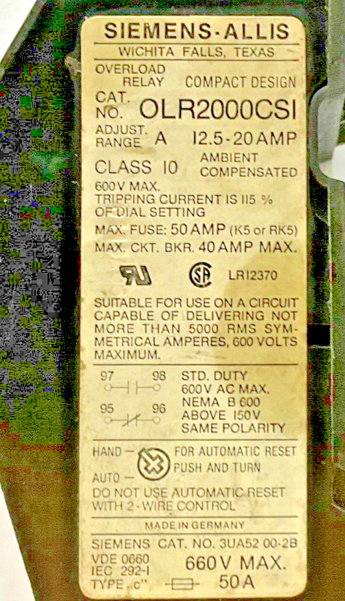 SIEMENS-ALLIS OLR2000CSI OVERLOAD RELAY 12.5-20AMP 600V CLASS  10