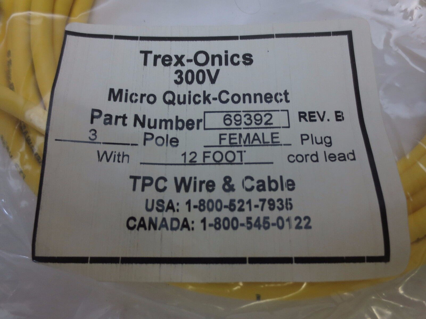 TREX-ONICS 69392 Rev. B MICRO QUICK-CONNECT 3-POLE, FEMALE PLUG, 12' CORD - NEW