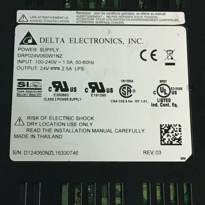 DELTA ELECTRONICS DRP024V060W1NZ POWER SUPPLY 240VAC 1.5A 50-60HZ 24VDC REV.03