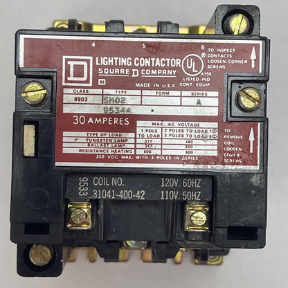 SQUARE D 8903 SM02 LIGHTING CONTACTOR SER A 30AMP 600VAC 250VDC COIL 120V 60HZ