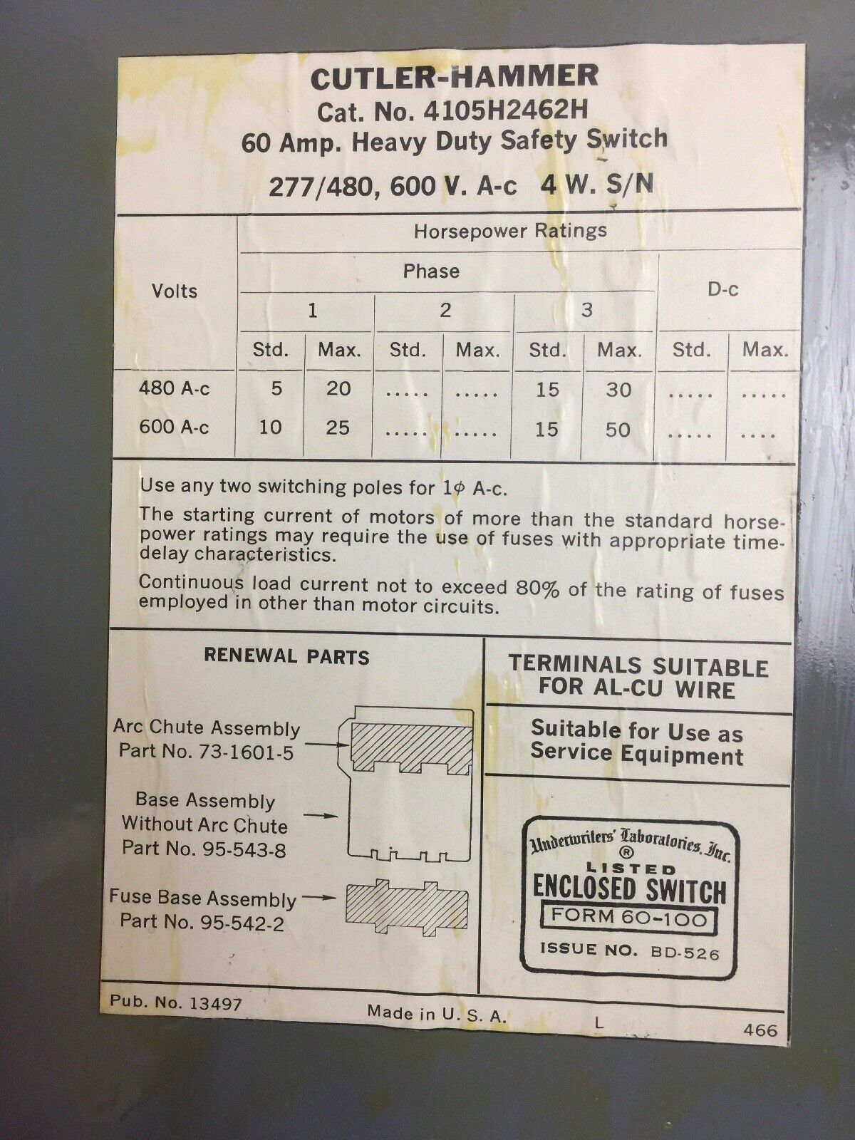 CUTLER HAMMER 4105H2462H HEAVY DUTY FUSIBLE SAFETY SWITCH 600VAC 60AMP 3PH 50HP