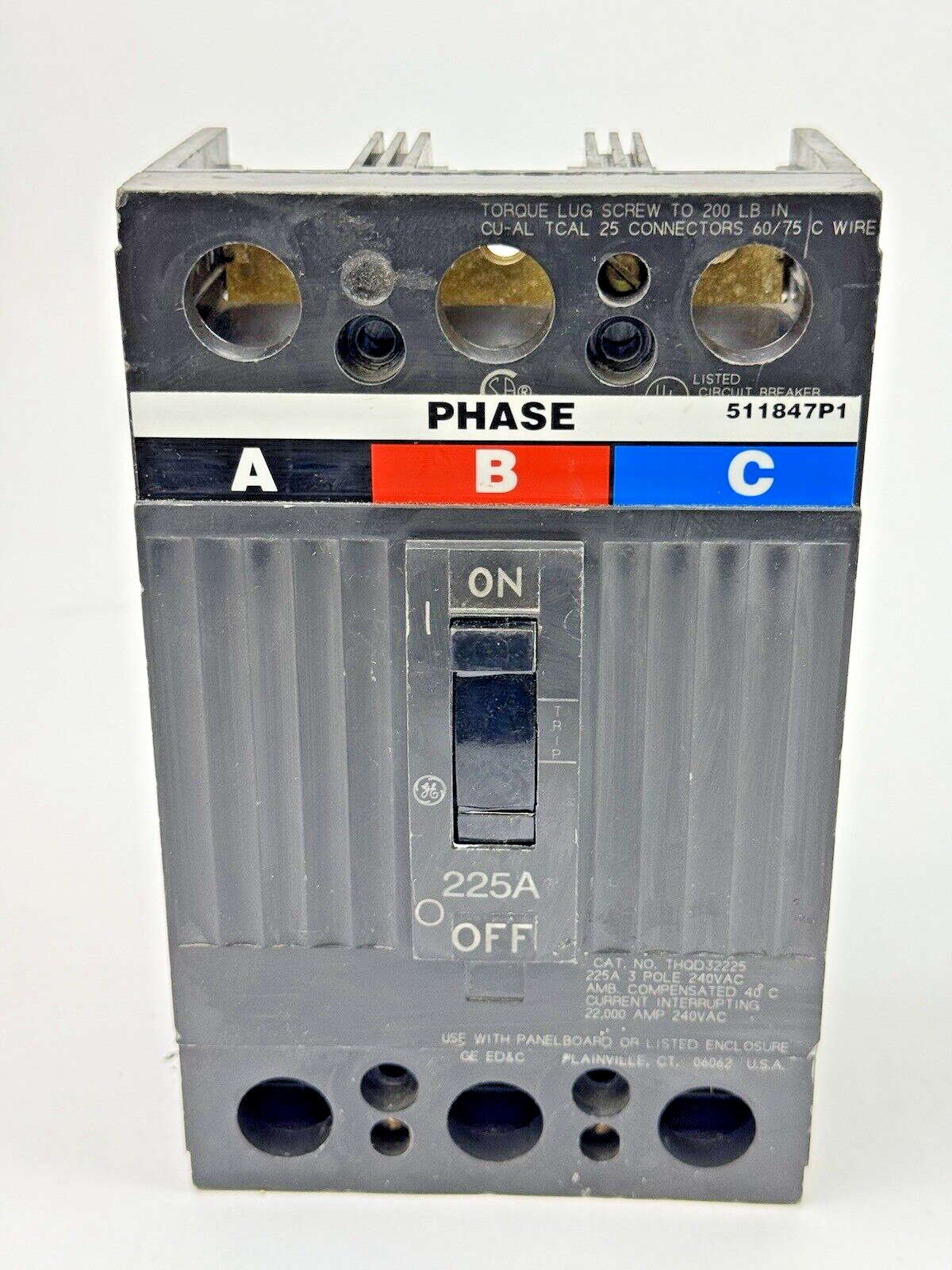 GE - THQD32225 - MOLDED CASE CIRCUIT BREAKER - 3 POLE/225A/240 VAC