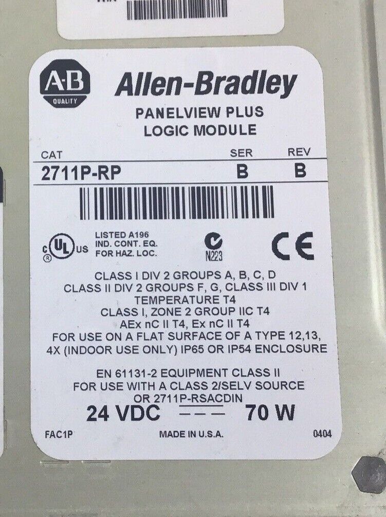 ALLEN BRADLEY 2711P-RP PANELVIEW PLUS LOGIC MODULE SER.B REV.B 24VDC 70W