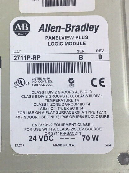ALLEN BRADLEY 2711P-RP PANELVIEW PLUS LOGIC MODULE SER.B REV.B 24VDC 70W