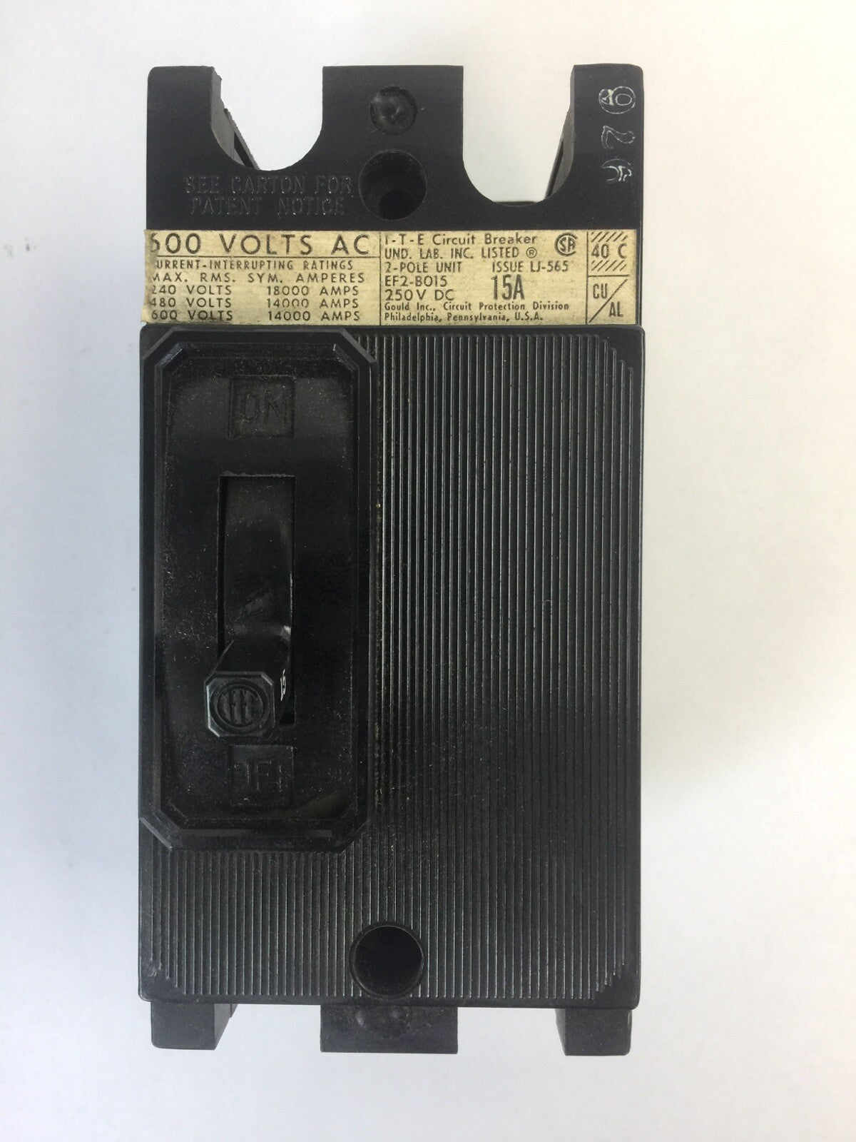 ITE GOULD SIEMENS EF2-B015 CIRCUIT BREAKER 2POLE 15A 250VDC