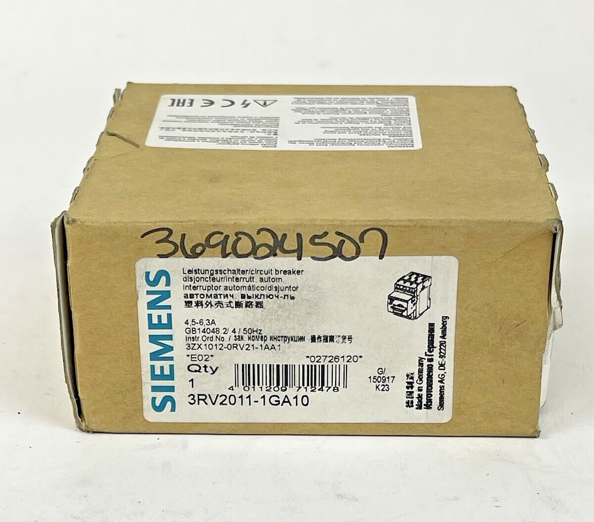 SIEMENS - 3RV2011-1GA10 - CIRCUIT BREAKER / MOTOR PROTECTOR