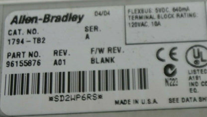 ALLEN-BRADLEY 1794-TB2 TERMINAL BASE / Ser. A, Rev. A01 / 120VAC / 10A