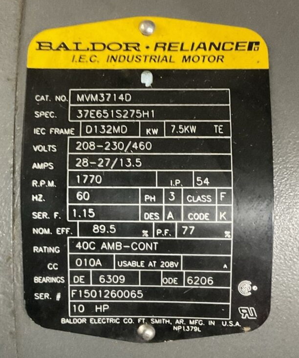 BALDOR RELIANCE MVM3714D MOTOR 1770RPM 208-230/460V 28-27/13.5AMP 3PH 10HP 7.5KW