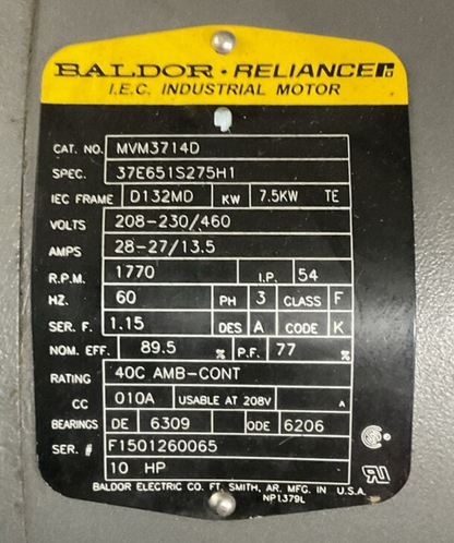 BALDOR RELIANCE MVM3714D MOTOR 1770RPM 208-230/460V 28-27/13.5AMP 3PH 10HP 7.5KW