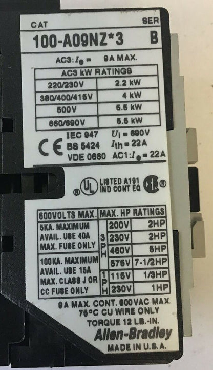 ALLEN BRADLEY 100-A09NZ*3 CONTACTOR SER.B 9A 600VAC ***LOTOF2***