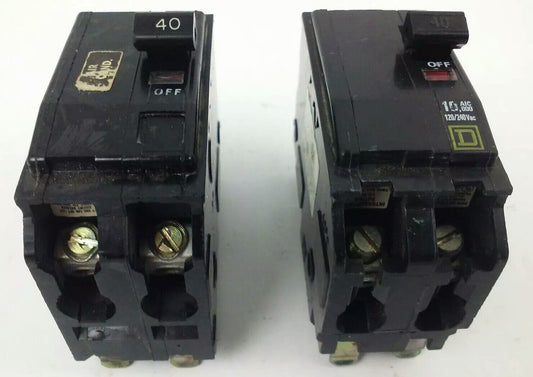 SQUARE D QO240 CIRCUIT BREAKER, 2 POLE, 40 AMP, 120/240V, 10KA, QO, (LOT OF 2)