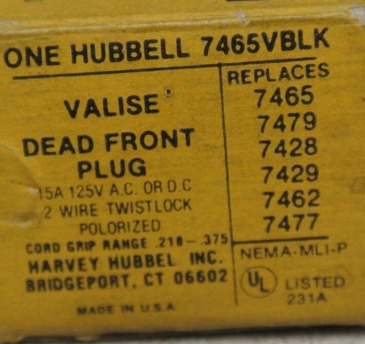 HUBBELL 7465VBLK VALISE  / DEAD FRONT PLUG / 15A / 125VAC or DC