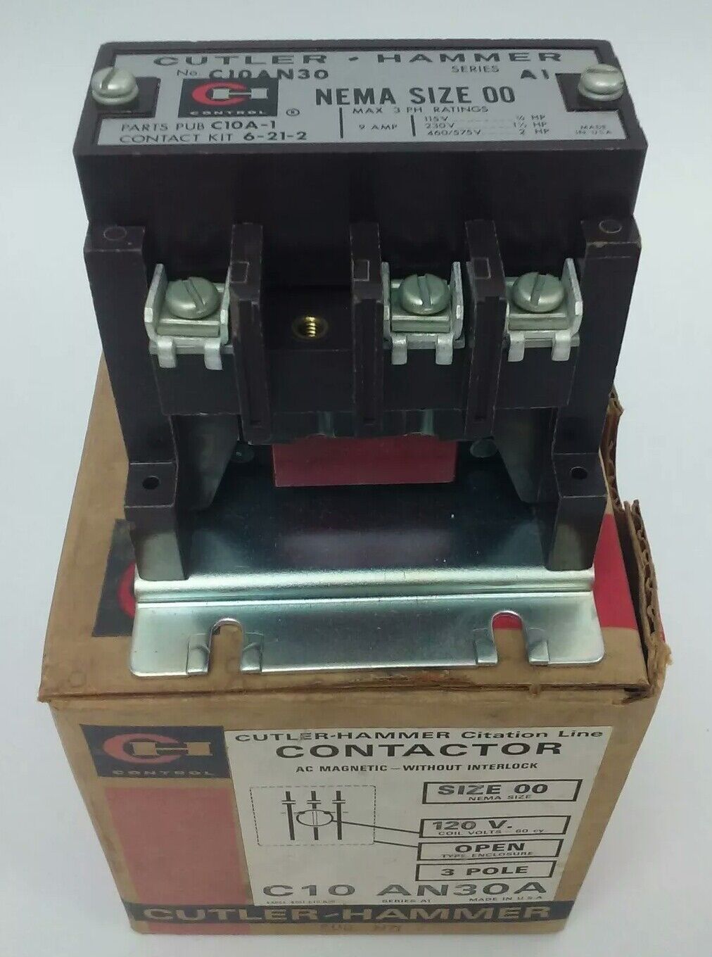 CUTLER HAMMER C10AN30A MAGNETIC CONTACTOR W/O INTERLOCK, 120V 60HZ COIL, C10AN3