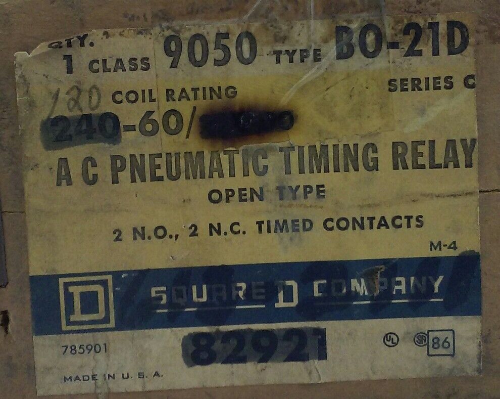 NEW SQUARE D CLASS 9050 TYPE B0-21D AC PNEUMATIC TIMING RELAY 9050B021D