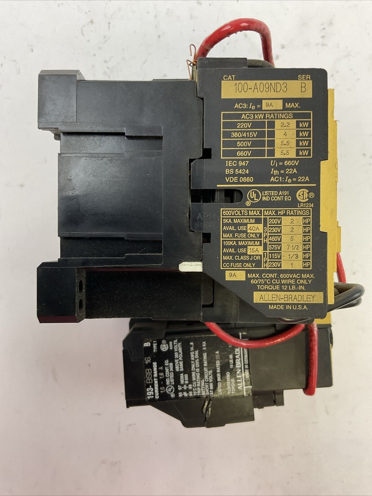 ALLEN BRADLEY REVERSING STARTER (100-A09ND3 COIL 120V + 193-BSB 16 1.0-1.6A)