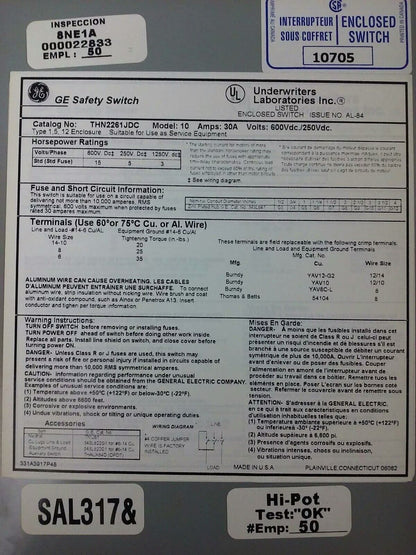 GE THN2261JDC H.D. SAFETY SWITCH 30A,600/250VDC, MODEL 10, TYPE 1,5,12 ENCLOSURE