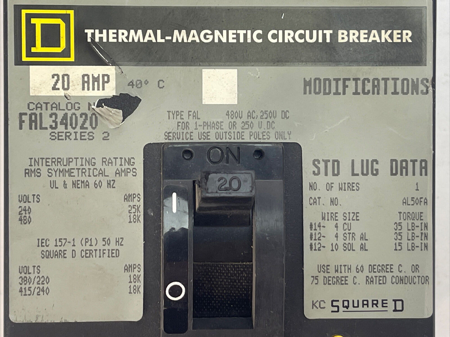 SQUARE D FAL34020 THERMAL-MAGNETIC CIRCUIT BREAKER 20AMP 480VAC 250VDC 3P SER 2