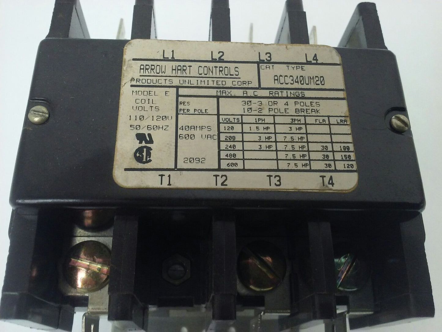 ARROW HART ACC340UM20 INDUSTRIAL CONTROL MAGNETIC CONTACTOR 4P 600V 40A