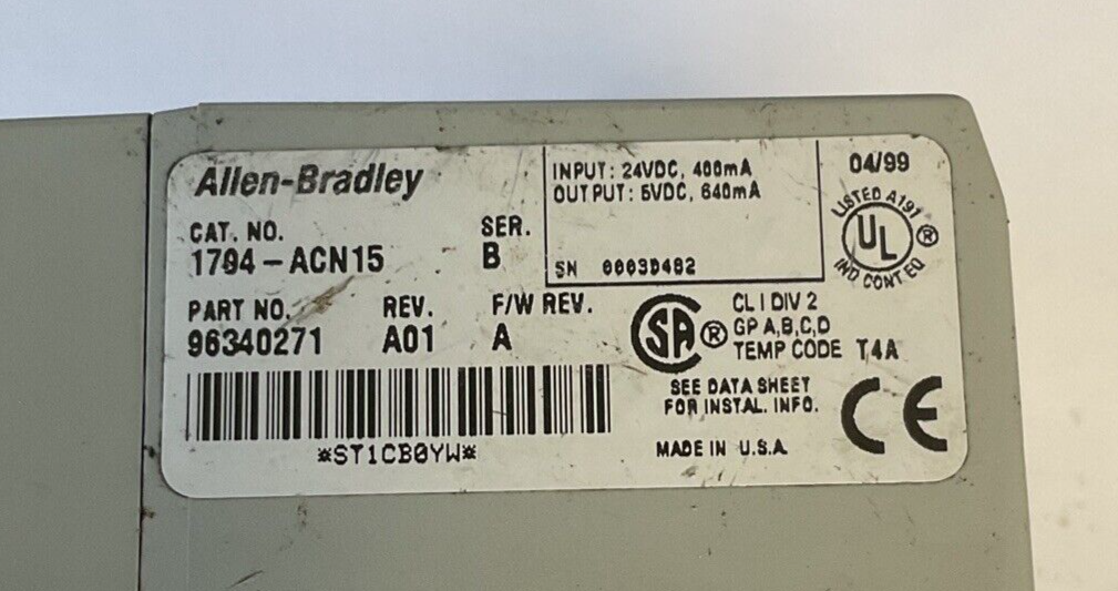 ALLEN BRADLEY 1794-ACN15 CONTROL NET ADAPTER SER.B REV.A01 F/W REV.A 24VDC