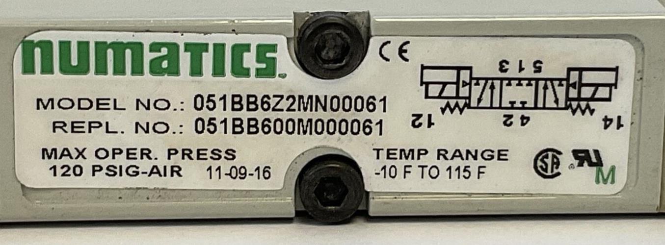 NUMATICS 051BB6Z2MN00061 SOLENOID VALVE 120 PSIG-AIR -10F TO 115F