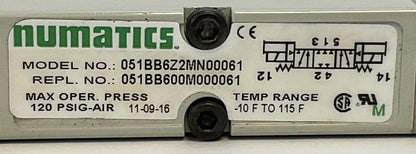 NUMATICS 051BB6Z2MN00061 SOLENOID VALVE 120 PSIG-AIR -10F TO 115F