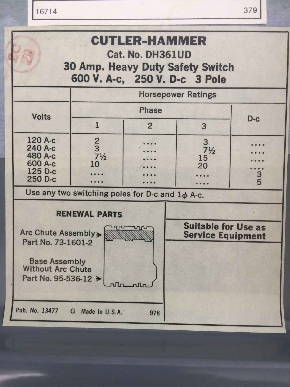 CUTLER HAMMER DH361UD NON FUSIBLE SAFETY SWITCH 30AMP 600VAC 250VDC 3POLE 20HP