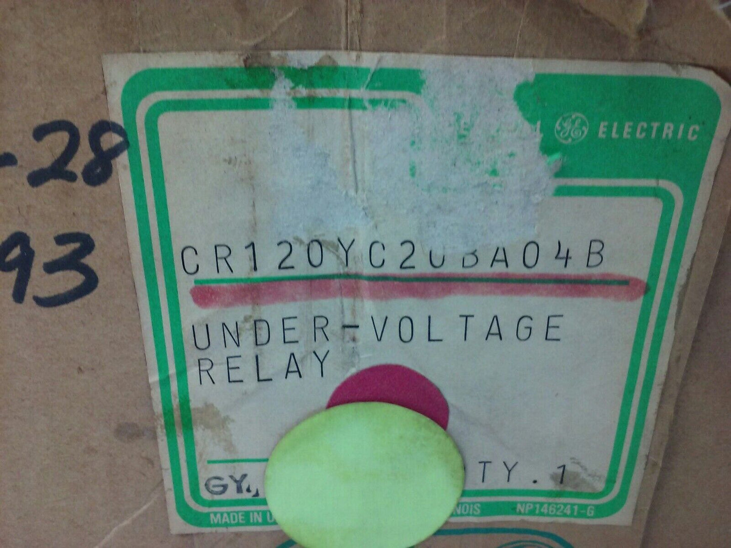 GE CR120YC20BA04B, SER. A, UNDER VOLTAGE RELAY, 1PH, 460V, 50HZ, W/ CR120E, NEW