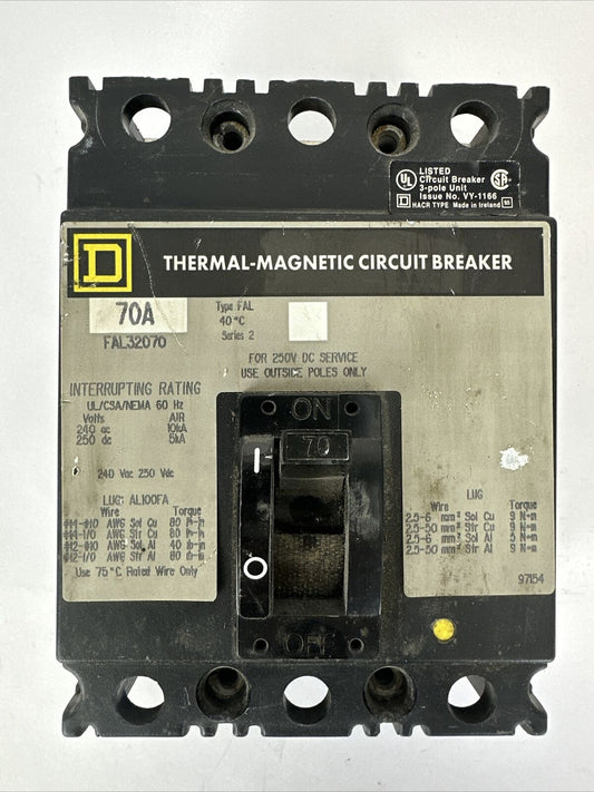 SQUARE D FAL32070 SERIES 2 CIRCUIT BREAKER 70AMP 240VAC 250VDC 3POLE THERMAL-
