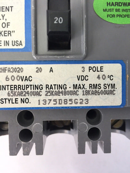 WESTINGHOUSE RHFA3020 CIRCUIT BREAKER 20AMP 600VAC 3POLE 1375D85G23