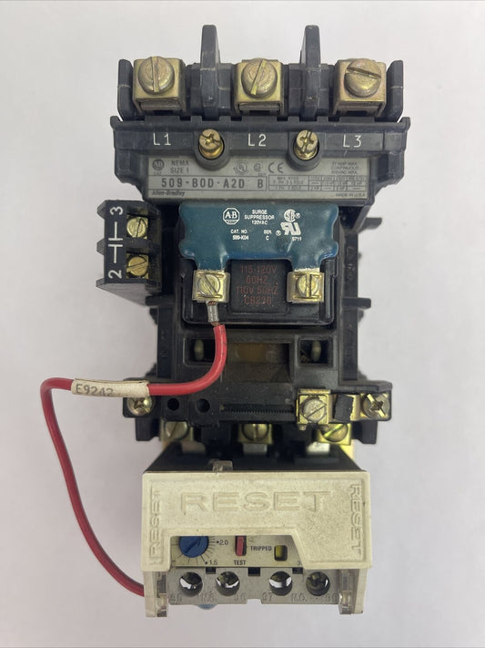 ALLEN BRADLEY 509-BOD-A2D SER B SIZE 1 STARTER 27A 600VAC 10HP 592-A2DA 1-2.9A