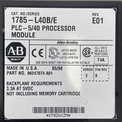 ALLEN BRADLEY 1785-L40B/E PLC-5/40 PROCESSOR REV E01 F/W REV B 3.3A @ 5VDC