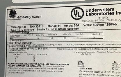 GENERAL ELECTRIC THN3361J SAFTEY SWITCH NON FUSIBLE 30A MODEL 11 600VAC/250VDC