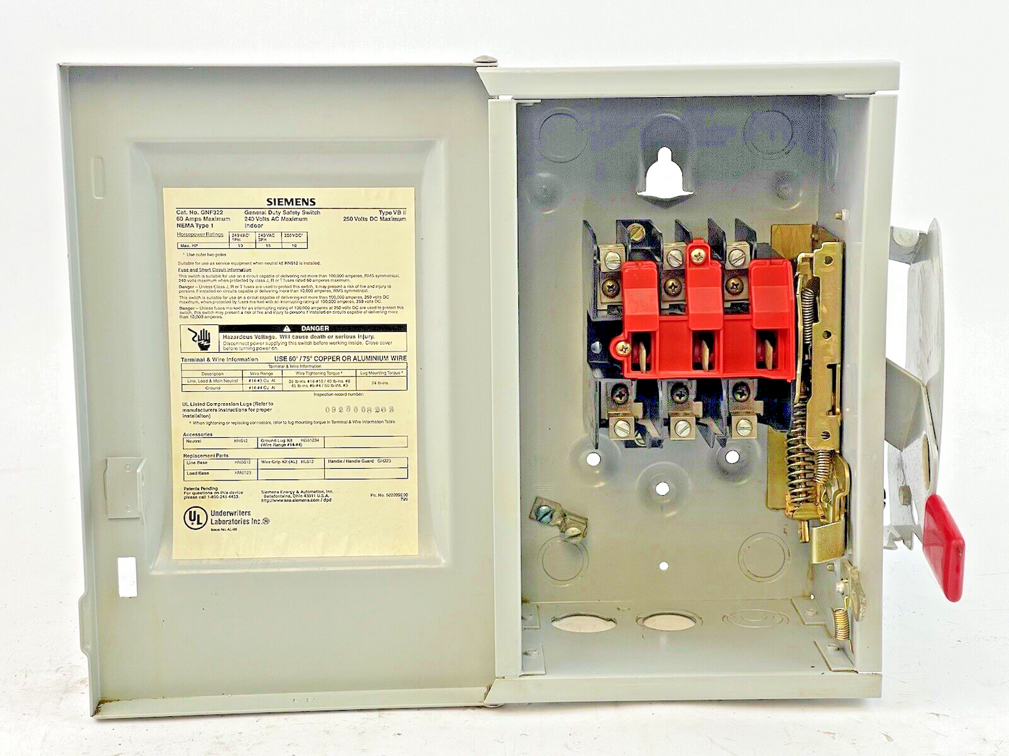 SIEMENS - GNF322 - SAFETY SWITCH - 3 POLE, 60A, 240 VAC, 250 VDC, NEMA 1