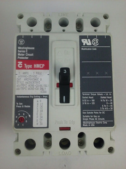 WESTINGHOUSE HMCP003A0C B SER.C MOTOR CIRCUIT PROTECTOR TRIP UNIT 3A 3P 600V