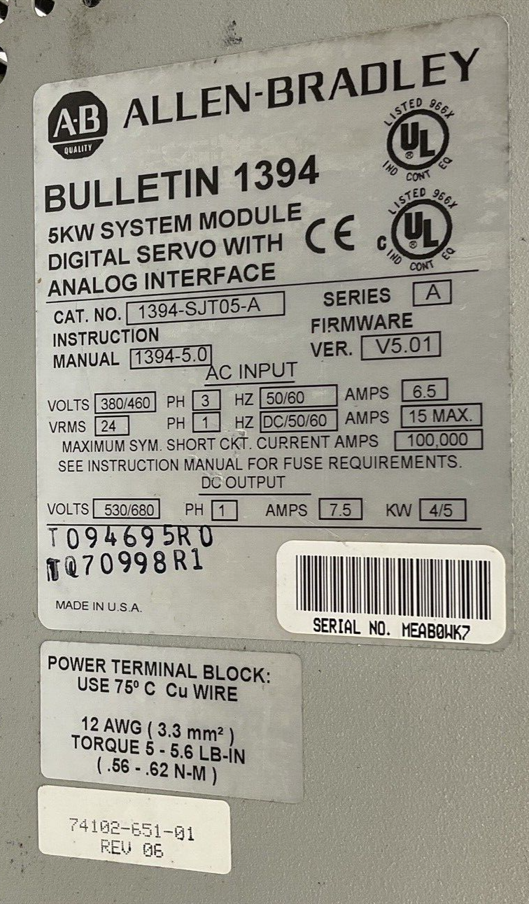 ALLEN BRADLEY 1394-SJT05-A SERVO CONTROLLER SER.A VER.V5.01 460V 15A