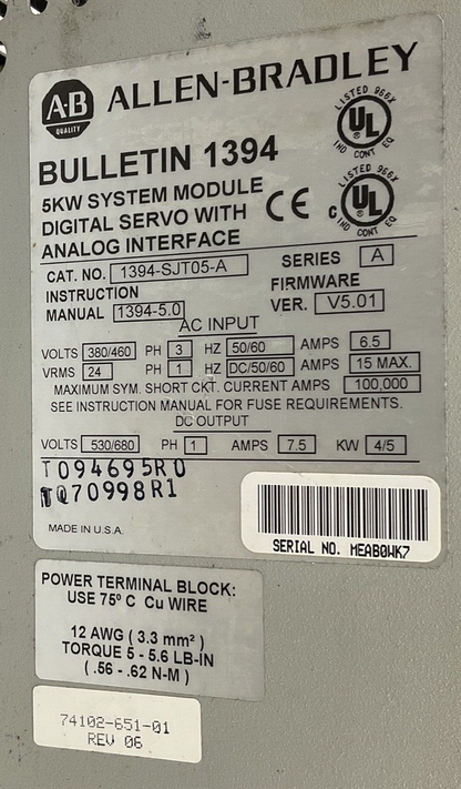 ALLEN BRADLEY 1394-SJT05-A SERVO CONTROLLER SER.A VER.V5.01 460V 15A