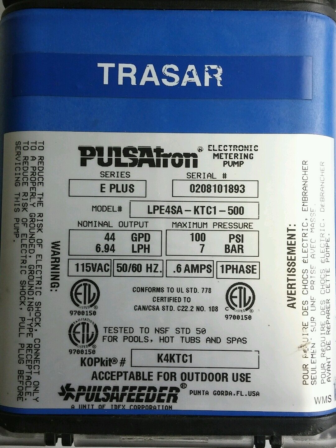 154009 Old-Stock, Pulsafeeder LPE4SA-KTC1-500 Electronic Metering Pump,0.60 Amps