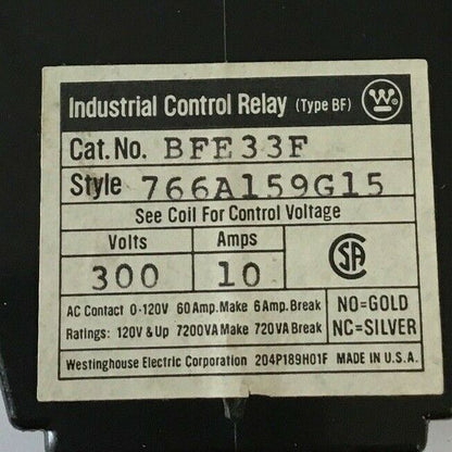 WESTINGHOUSE BFE33F CONTROL RELAY 10A 300V TYPE BF